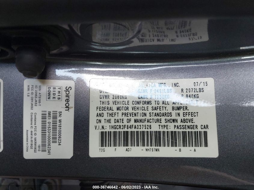 2015 HONDA ACCORD SEDAN EX-L - 1HGCR3F84FA037526