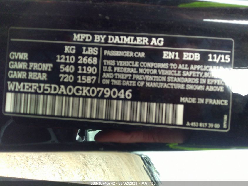 2016 SMART FORTWO PASSION/PURE/PRIME/PROXY - WMEFJ5DA0GK079046