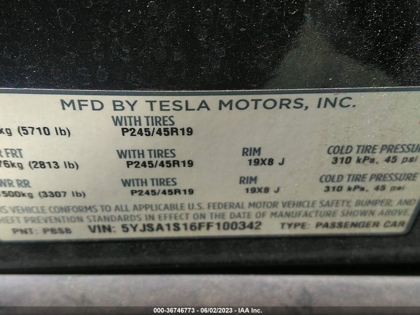 2015 TESLA MODEL S KWH BATTERY - 5YJSA1S16FF100342