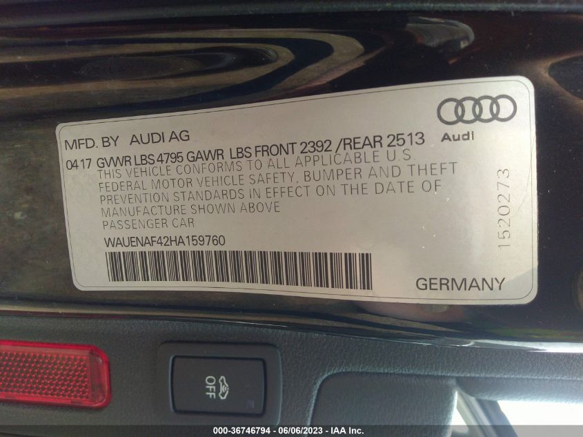 2017 AUDI A4 PREMIUM PLUS - WAUENAF42HA159760