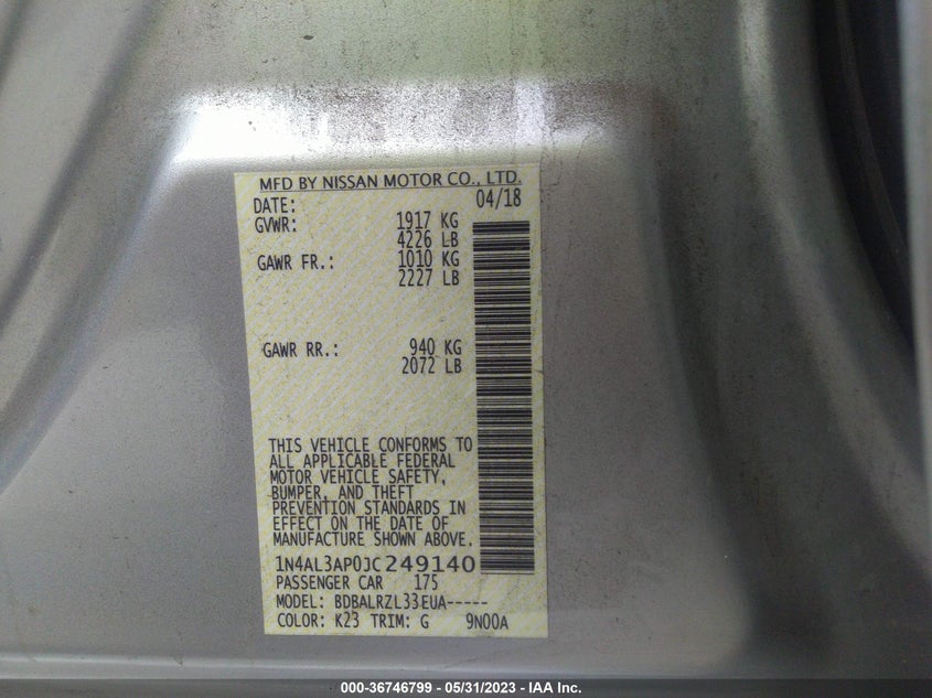 VIN 1N4AL3AP0JC249140 2018 NISSAN ALTIMA 2.5 SL