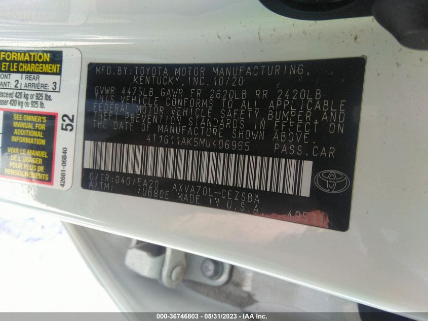 2021 TOYOTA CAMRY SE - 4T1G11AK5MU406965