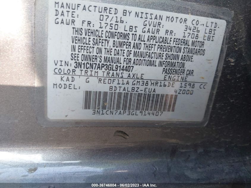 2016 NISSAN VERSA SV - 3N1CN7AP3GL914407
