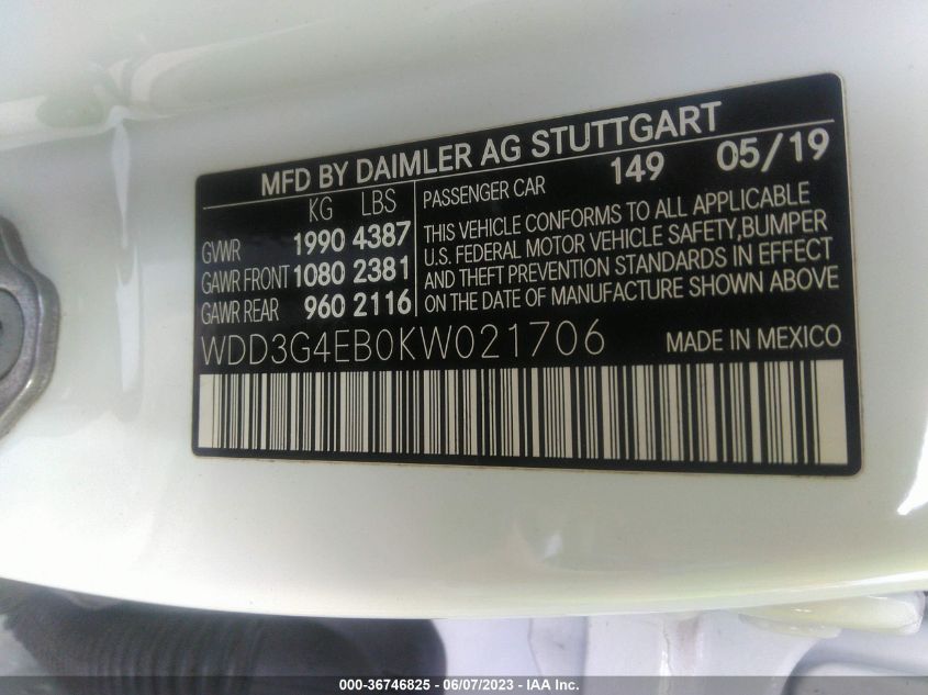 2019 MERCEDES-BENZ A-CLASS A 220 WDD3G4EB0KW021706