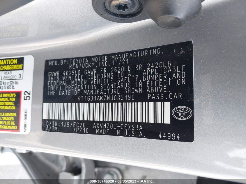 2022 TOYOTA CAMRY HYBRID - 4T1G31AK7NU035190
