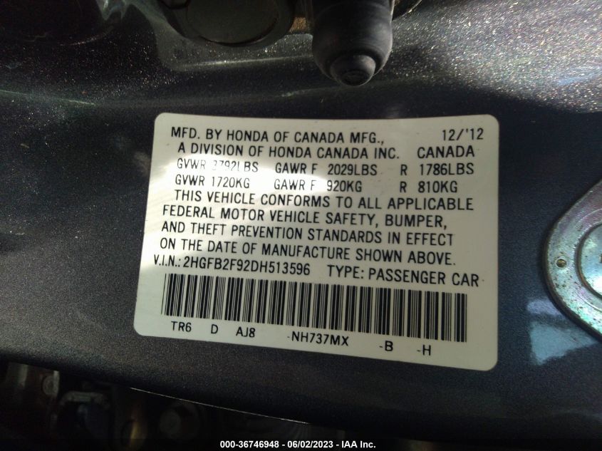 2013 HONDA CIVIC SDN EX-L - 2HGFB2F92DH513596
