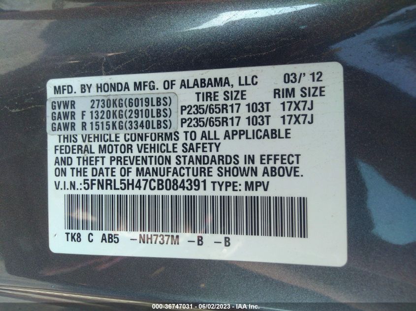 5FNRL5H47CB084391 2012 HONDA ODYSSEY, photo no. 9