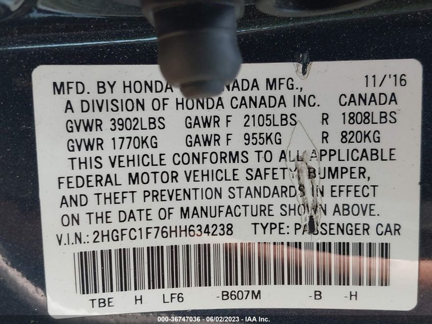2017 HONDA CIVIC SEDAN EX-L - 2HGFC1F76HH634238