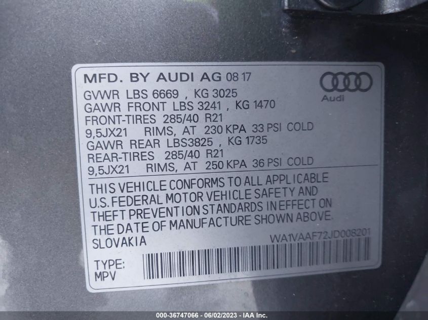 WA1VAAF72JD008201 2018 AUDI Q7, photo no. 9