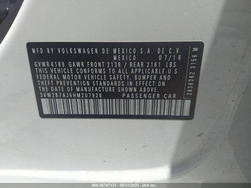 2017 VOLKSWAGEN JETTA 1.4T S - 3VW2B7AJ5HM207928