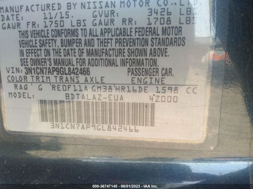 2016 NISSAN VERSA S PLUS - 3N1CN7AP9GL842466