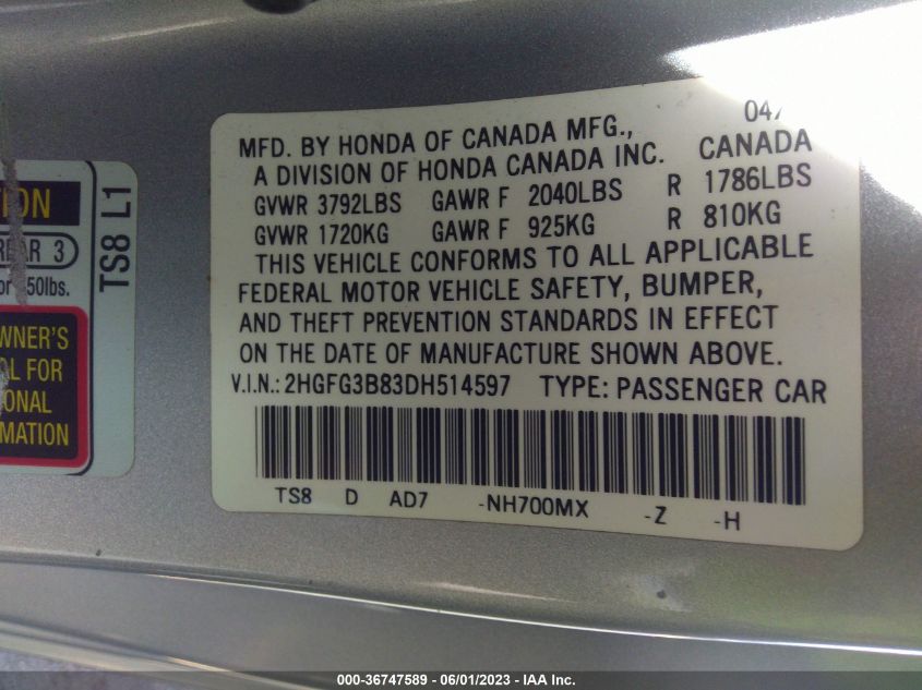 2013 HONDA CIVIC CPE EX 2HGFG3B83DH514597