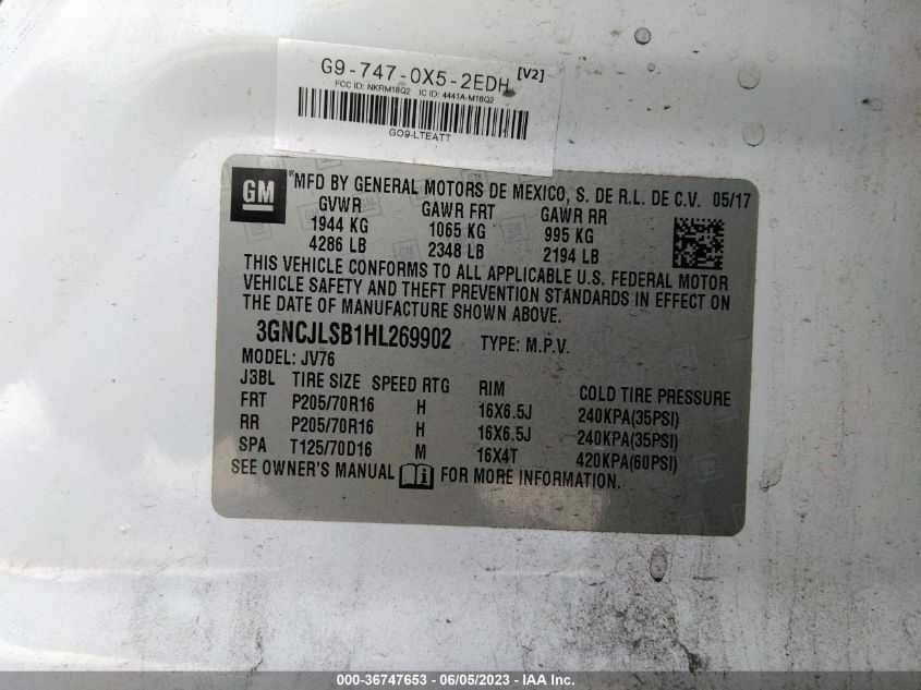 2017 CHEVROLET TRAX LT - 3GNCJLSB1HL269902