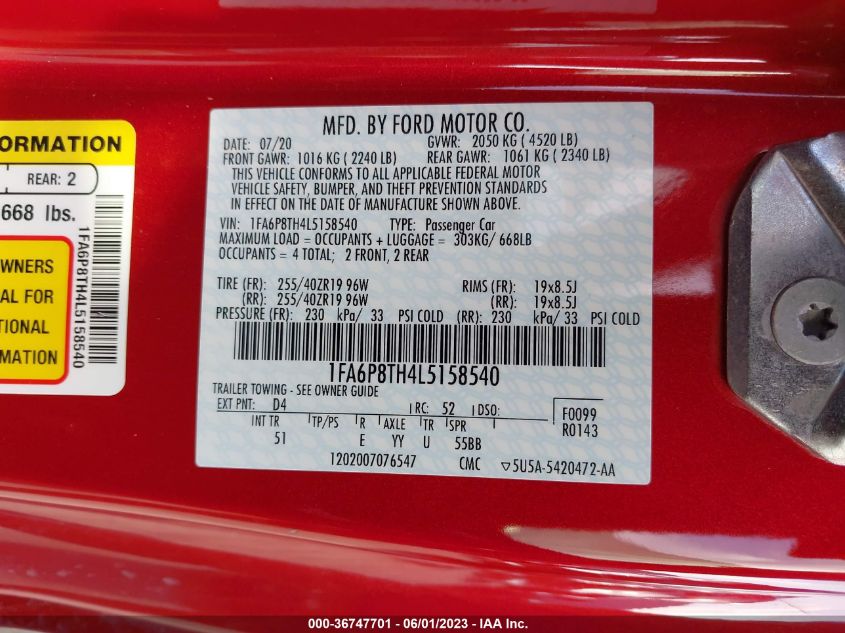 2020 FORD MUSTANG ECOBOOST - 1FA6P8TH4L5158540