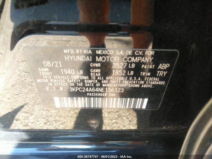 VIN 3KPC24A64NE156123 2022 HYUNDAI ACCENT SE