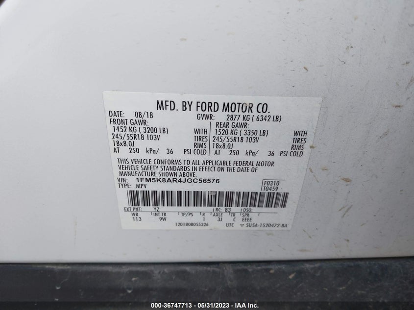 VIN 1FM5K8AR4JGC56576 2018 FORD POLICE INTERCEPTOR