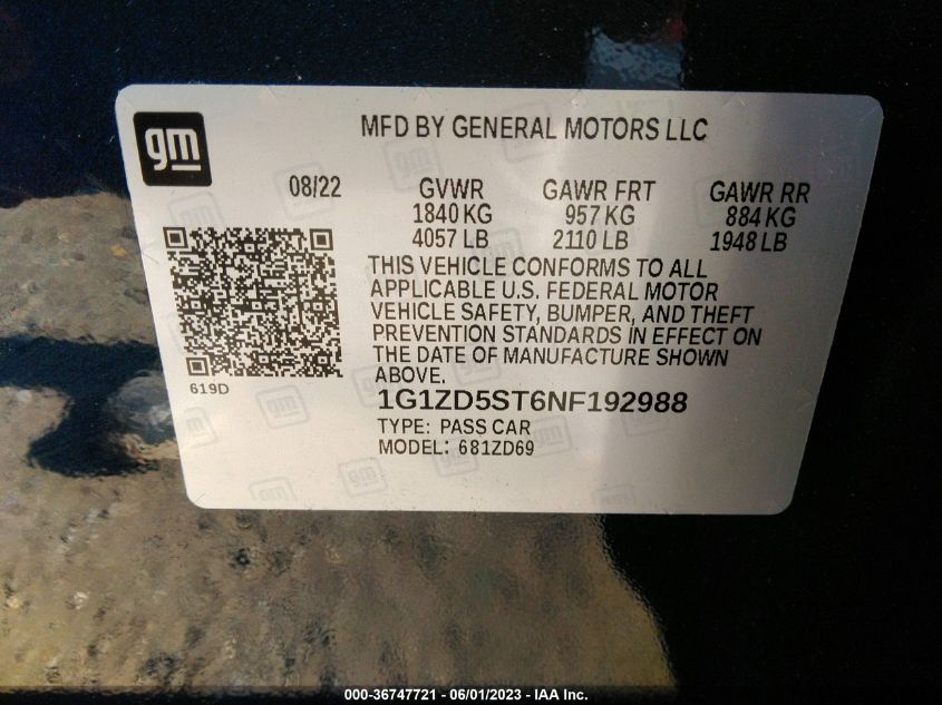 2022 CHEVROLET MALIBU LT - 1G1ZD5ST6NF192988