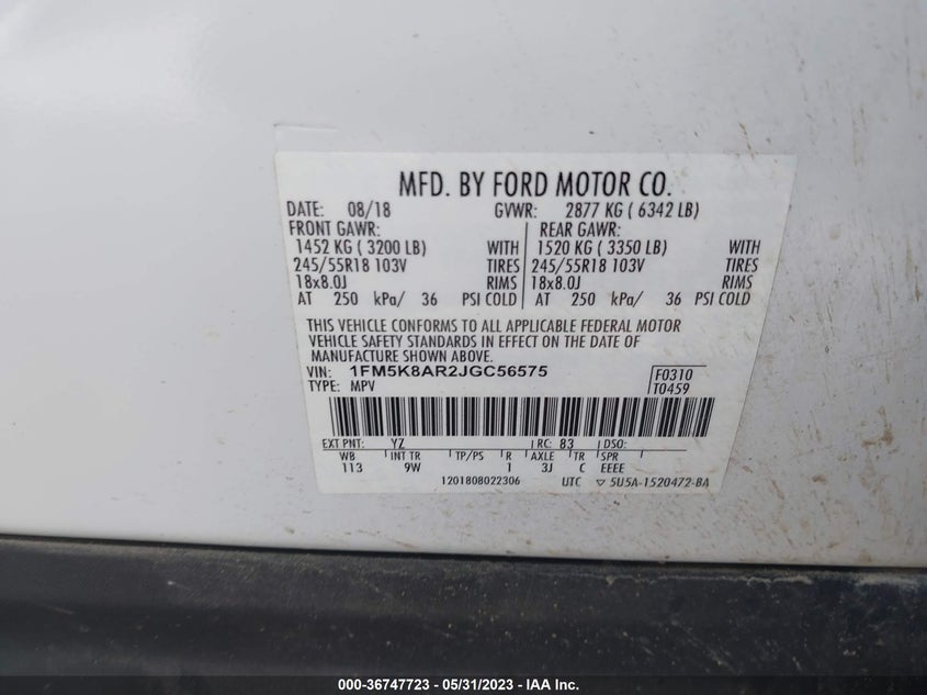VIN 1FM5K8AR2JGC56575 2018 FORD POLICE INTERCEPTOR