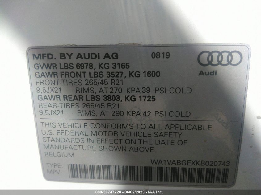 2019 AUDI E-TRON PRESTIGE - WA1VABGEXKB020743