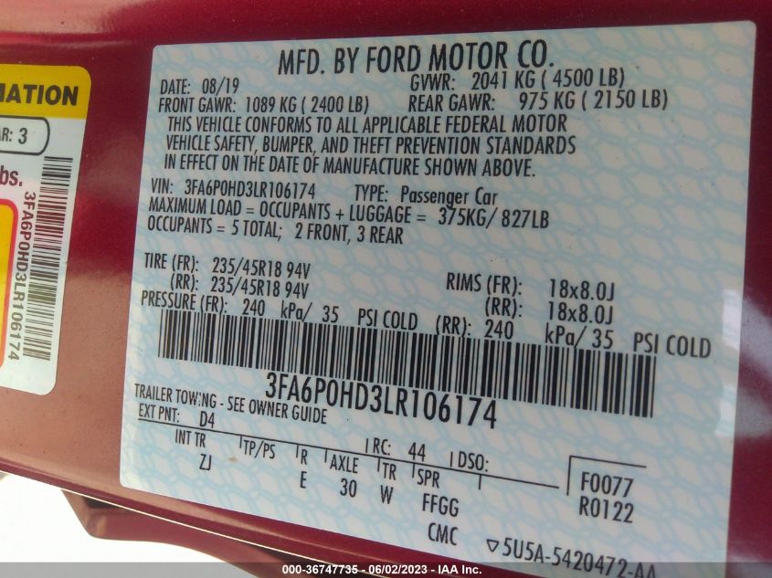 2020 FORD FUSION SE - 3FA6P0HD3LR106174