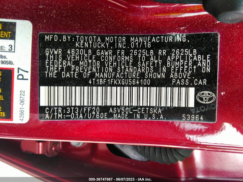 2016 TOYOTA CAMRY LE/XLE/SE/XSE - 4T1BF1FKXGU564100