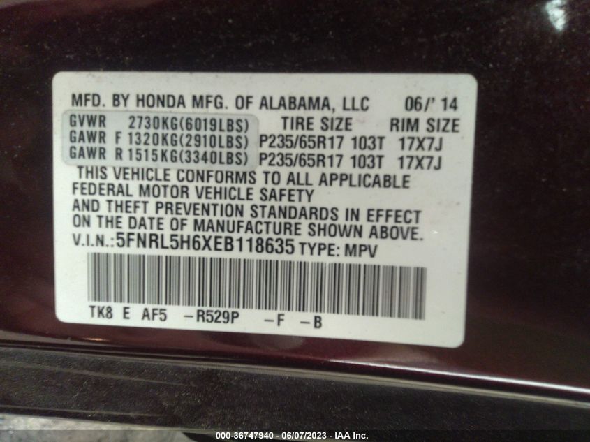 2014 HONDA ODYSSEY EX-L - 5FNRL5H6XEB118635