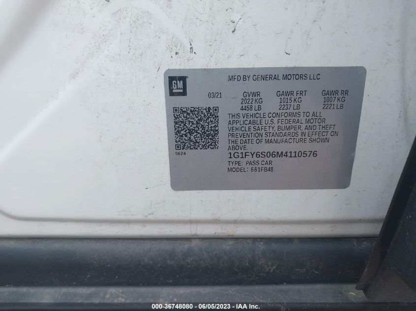 2021 CHEVROLET BOLT EV FWD LT 1G1FY6S06M4110576