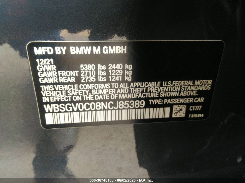 2022 BMW M8 COMPETITION - WBSGV0C08NCJ85389