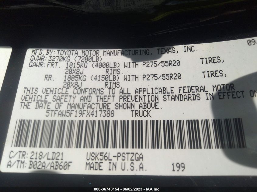 2015 TOYOTA TUNDRA 4WD TRUCK PLATINUM/1794 - 5TFAW5F19FX417388