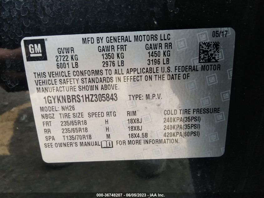 2017 CADILLAC XT5 LUXURY FWD - 1GYKNBRS1HZ305843