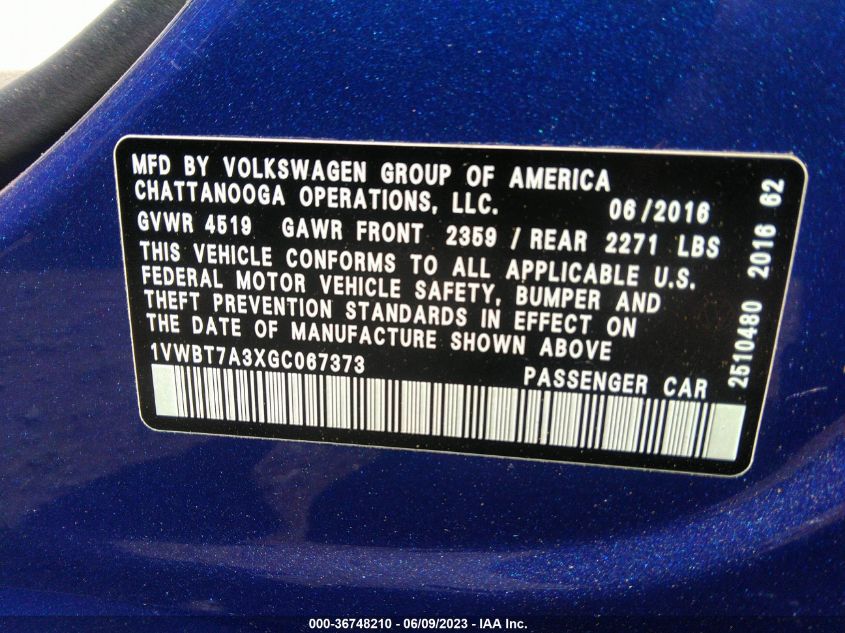 2016 VOLKSWAGEN PASSAT 1.8T SE W/TECHNOLOGY - 1VWBT7A3XGC067373