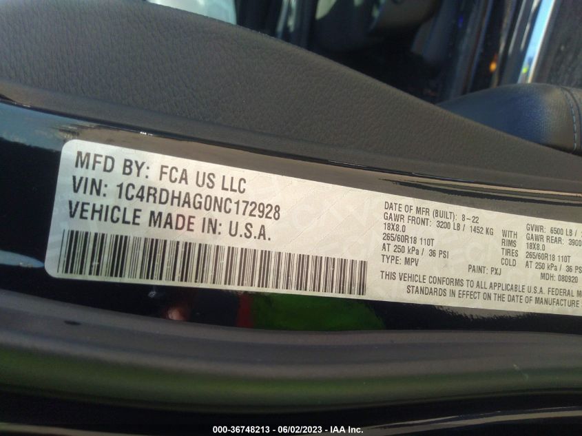 2022 DODGE DURANGO SXT - 1C4RDHAG0NC172928