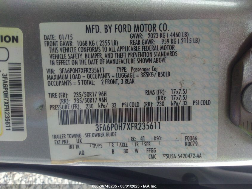 2015 FORD FUSION SE - 3FA6P0H7XFR235611