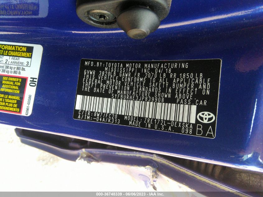 2018 TOYOTA COROLLA L/LE/XLE/SE/XSE - 5YFBURHE3JP839908
