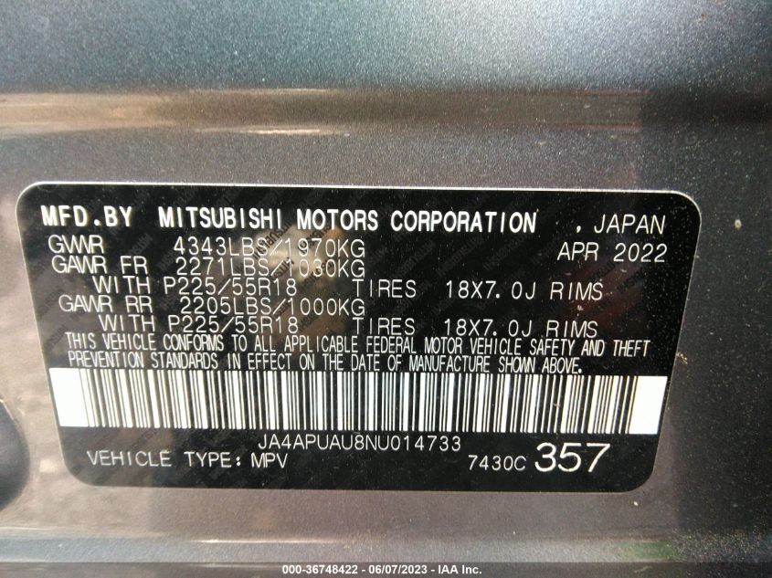 2022 MITSUBISHI OUTLANDER SPORT ES/LE/S/BE - JA4APUAUANU014733