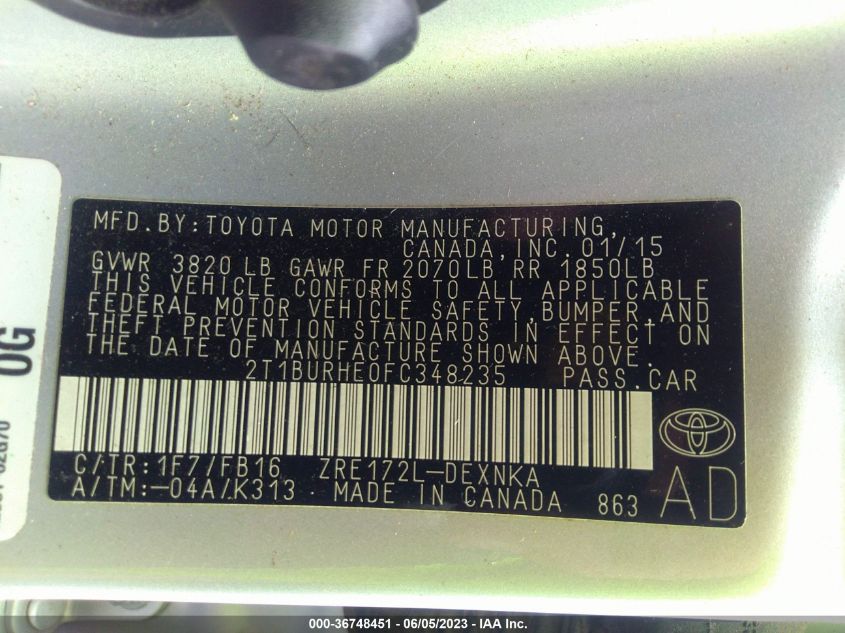 2015 TOYOTA COROLLA L/LE/S/S PLUS/LE PLUS - 2T1BURHE0FC348235