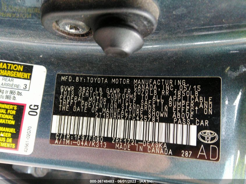 2015 TOYOTA COROLLA L/LE/S/S PLUS/LE PLUS - 2T1BURHE7FC425781