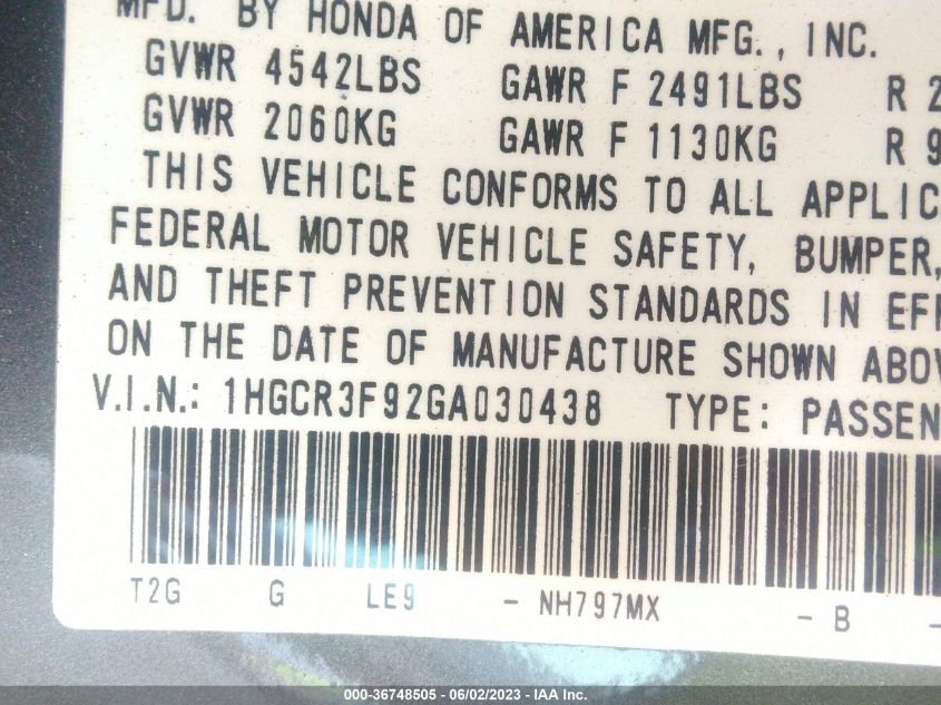 2016 HONDA ACCORD SEDAN TOURING - 1HGCR3F92GA030438