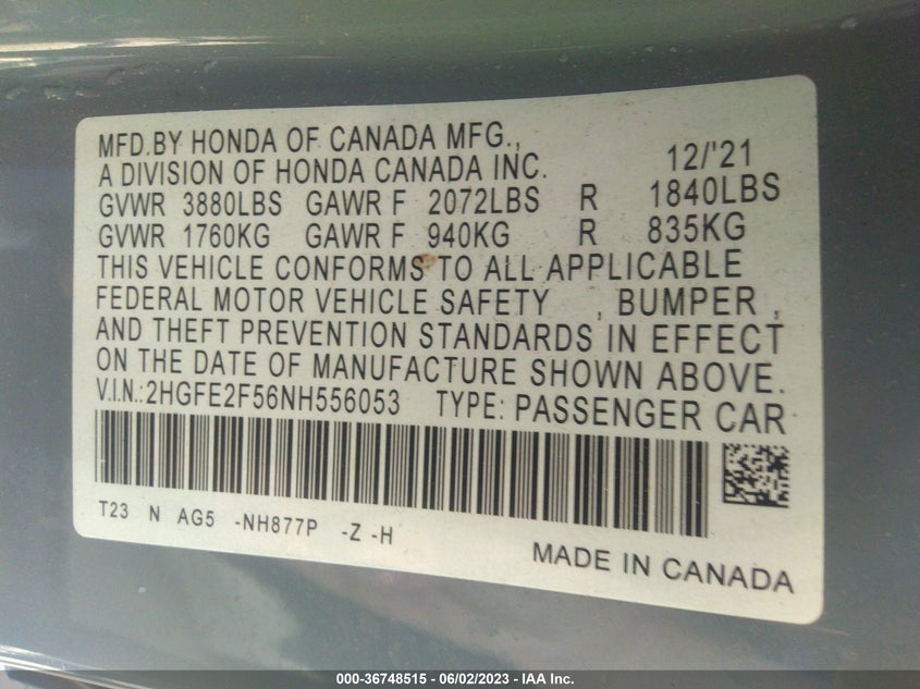 VIN 2HGFE2F56NH556053 2022 HONDA CIVIC SEDAN SPORT
