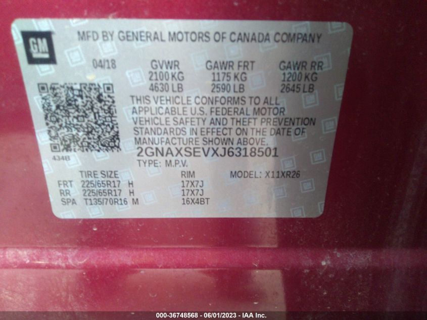 2018 CHEVROLET EQUINOX LT - 2GNAXSEVXJ6318501