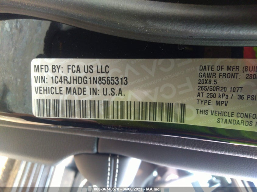 VIN 1C4RJHDG1N8565313 2022 JEEP GRAND CHEROKEE OVERLAND