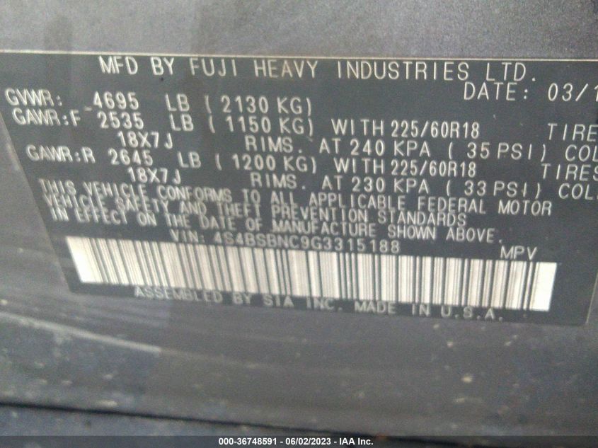 2016 SUBARU OUTBACK 2.5I LIMITED - 4S4BSBNC9G3315188