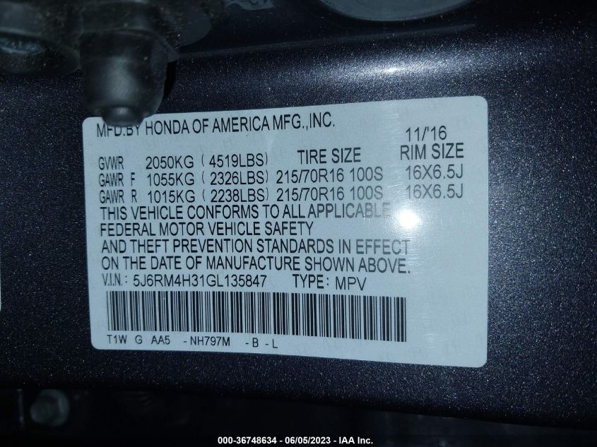 2016 HONDA CR-V LX - 5J6RM4H31GL135847