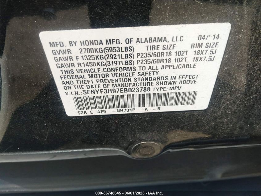 2014 HONDA PILOT TOURING - 5FNYF3H97EB023788