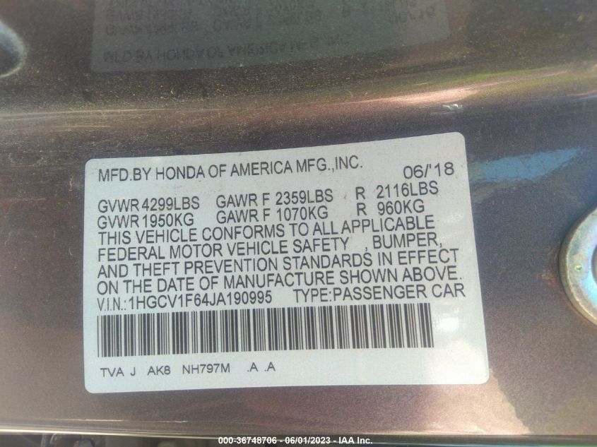 2018 HONDA ACCORD SEDAN EX-L NAVI 1.5T - 1HGCV1F64JA190995