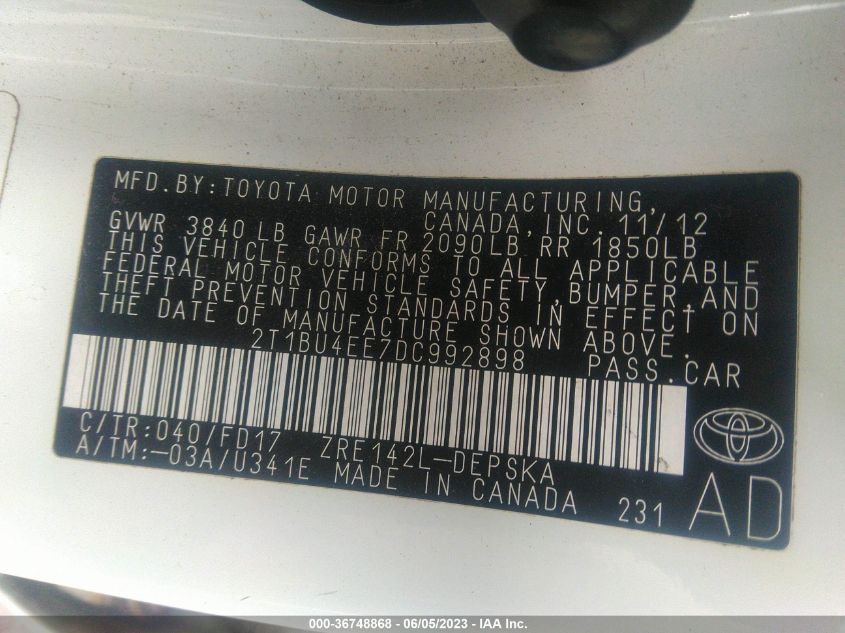 2013 TOYOTA COROLLA L/LE/S - 2T1BU4EE7DC992898