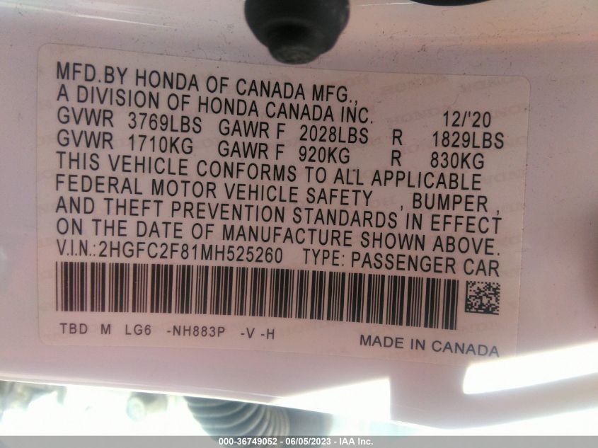 2021 HONDA CIVIC SEDAN SPORT - 2HGFC2F81MH525260