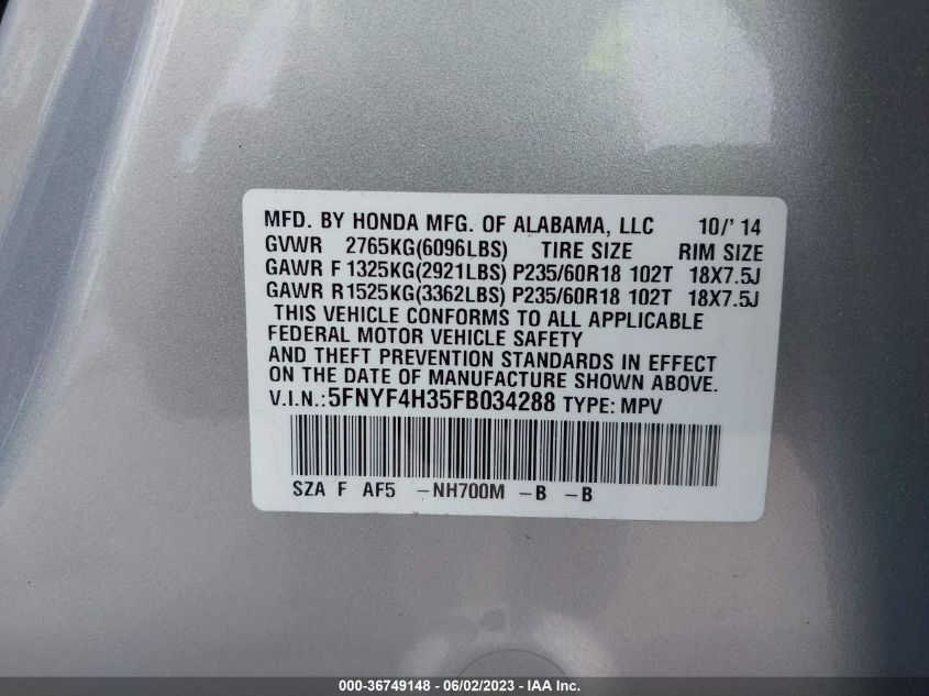 2015 HONDA PILOT SE - 5FNYF4H35FB034288