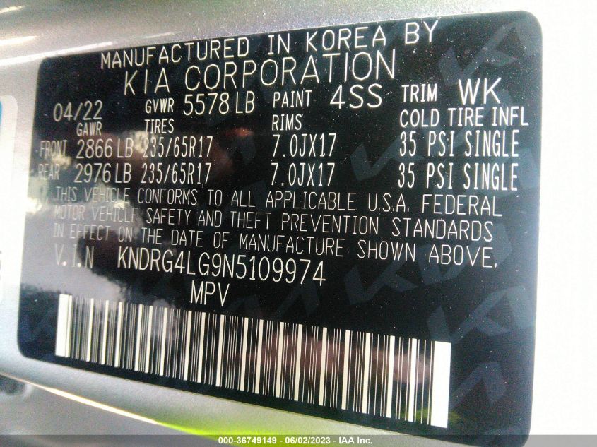 2022 KIA SORENTO HYBRID S KNDRG4LG9N5109974