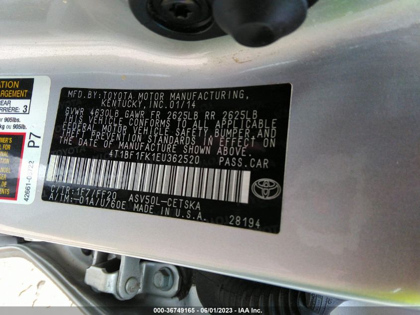 2014 TOYOTA CAMRY L/LE/XLE/SE/SE SPORT - 4T1BF1FK1EU362520
